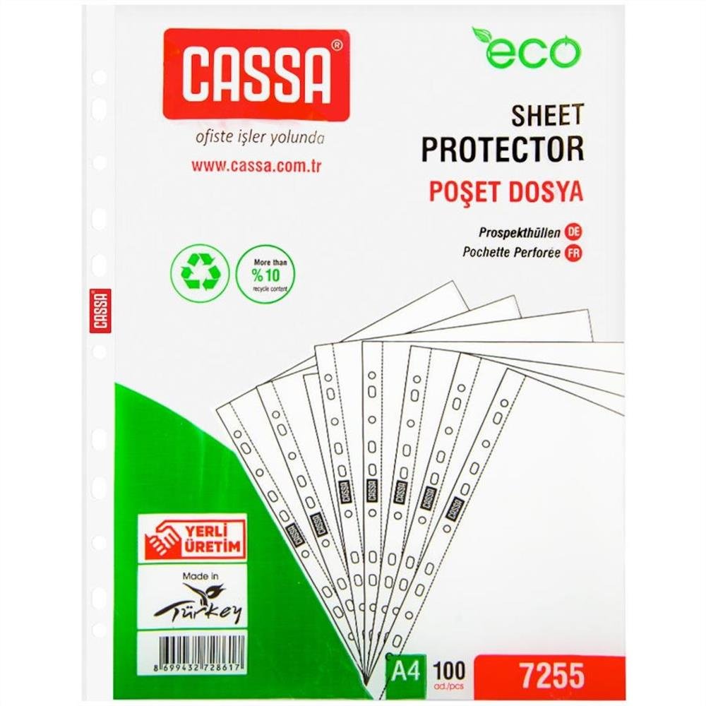 Cassa 7255 Delikli Şeffaf Poşet Dosya A4 100'lü Paket