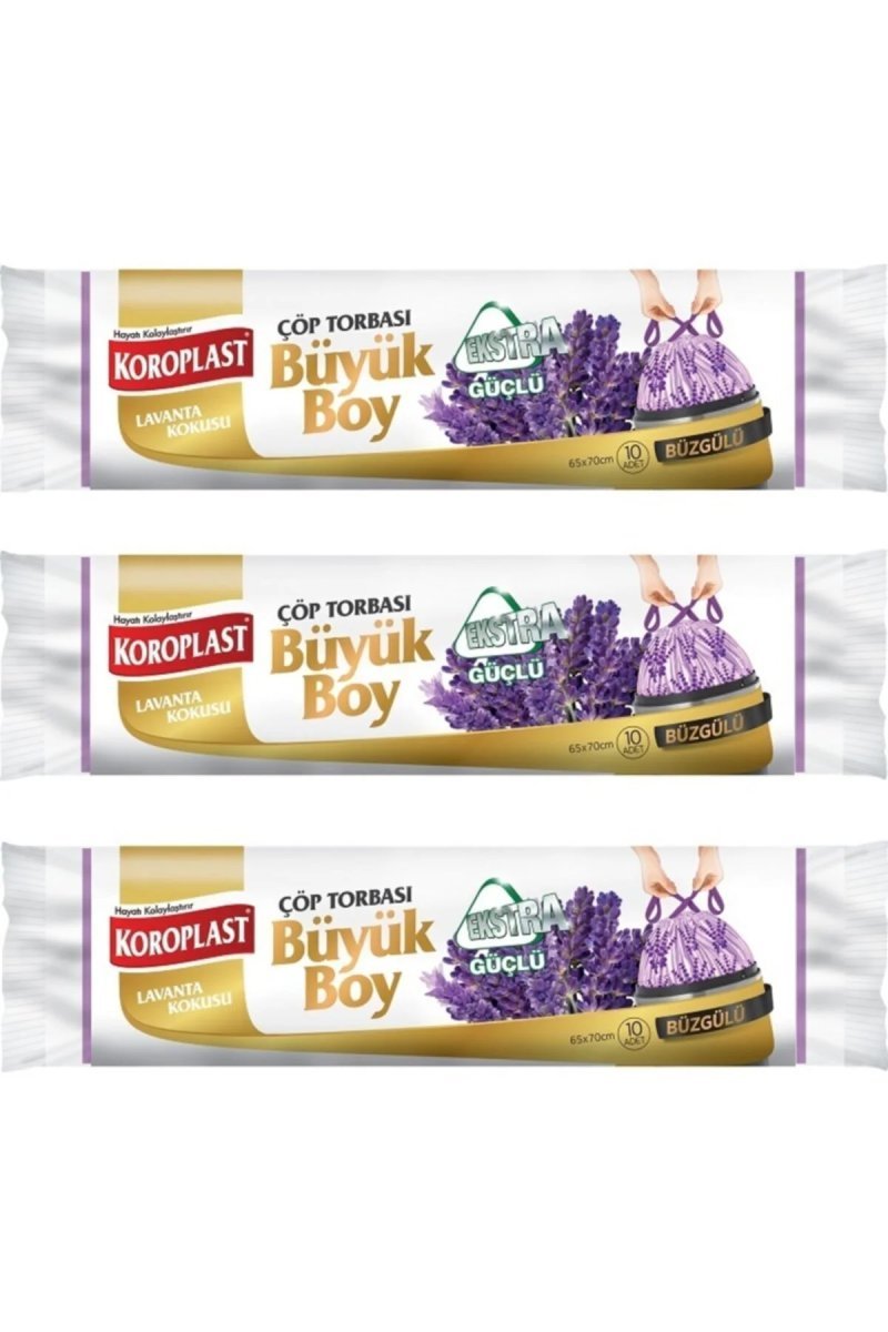 Koroplast Ekstra Güçlü Büzgülü Çöp Poşeti Büyük Boy 65 x 70 cm 10 Adet Lavanta Kokulu - Mor