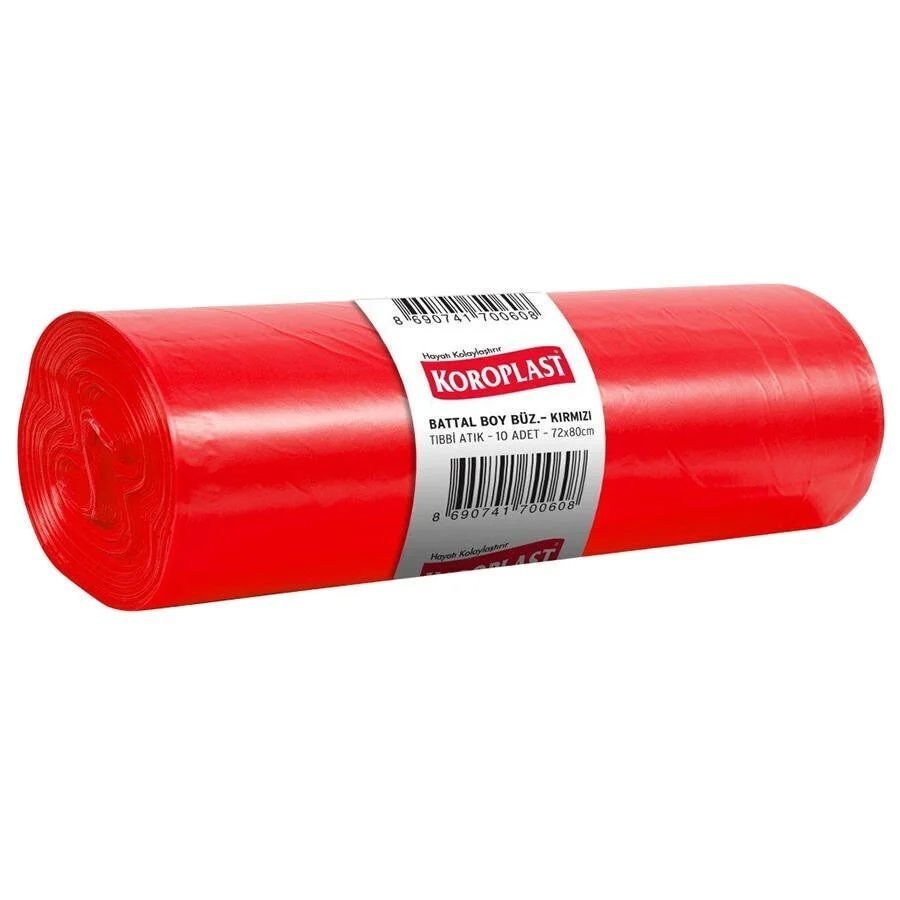 Koroplast Tıbbi Atık Çöp Poşeti Battal Boy Büzgülü 72 x 80 cm 10 Adet - Kırmızı
